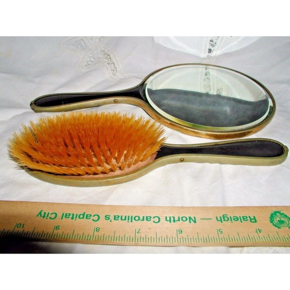 Antique Chinese Bakelite Black and Gold Large Hand Painted Mirror and Brush Set - Picture 5 of 12